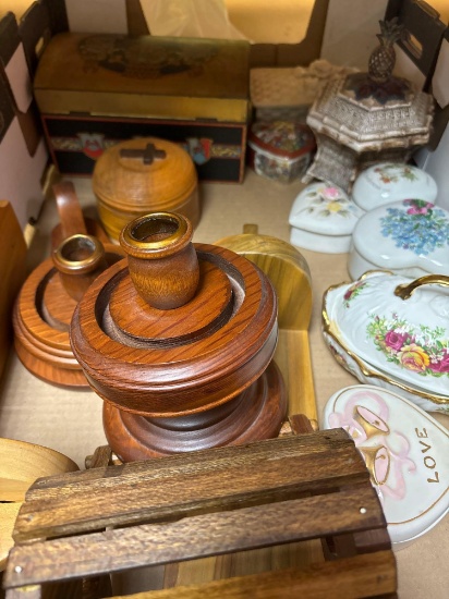 Wood items porcelain trinket boxes