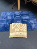 Blue fuzzy rug and a couch cover