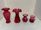 Two Fenton cranberry vases, Wheat and ribbed