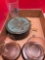 Glass domes, perfume, salt shaker, Roadrunner glass