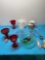 Ruby red glass, green glass, miniature dolls