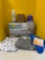New baby items, including bed rail, thermometer, baby monitor