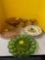 Egg plates, including green carnival glass, amber Glassware