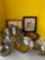 Two rooster pictures, a rooster plate, and some strainers
