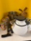 Brass bucket, windmill, lifesaver, candles, cane