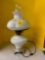 Vintage white, lusterware, electrified, hurricane lamp