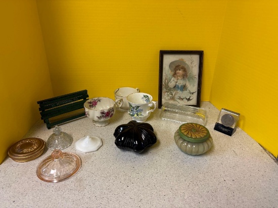 vintage smalls including cups, lids, picture, etc