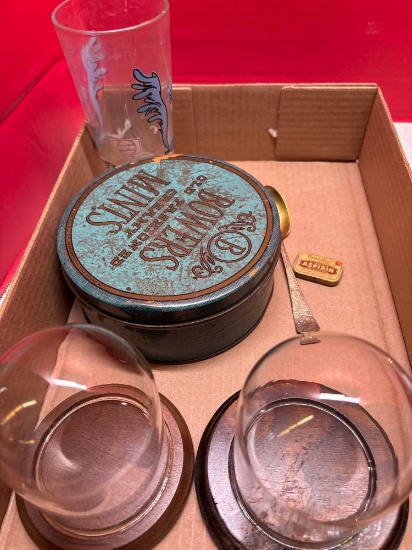 Glass domes, perfume, salt shaker, Roadrunner glass