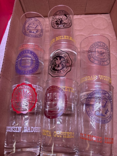 Eight various Big Ten, college glass tumblers