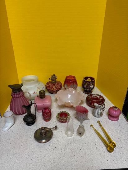 Large lot of nice glass items, syrup, vases, lantern bases