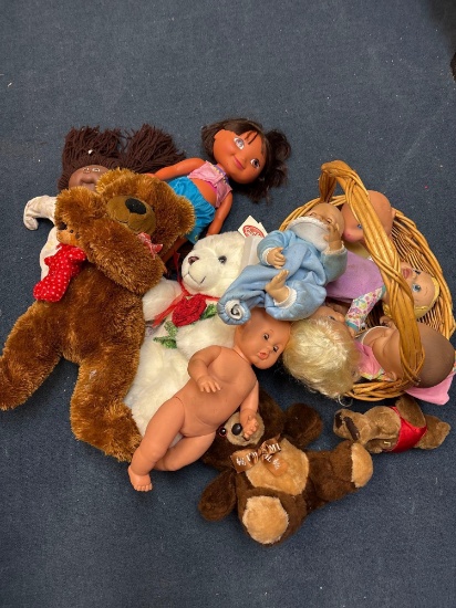 box of plush toys, and dolls