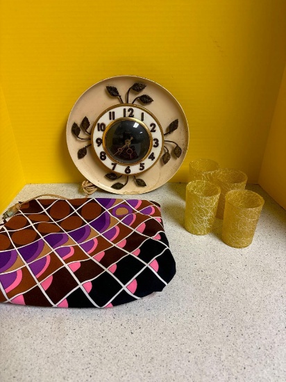 Mid-century clock, Fabric, Spaghetti string juice glasses