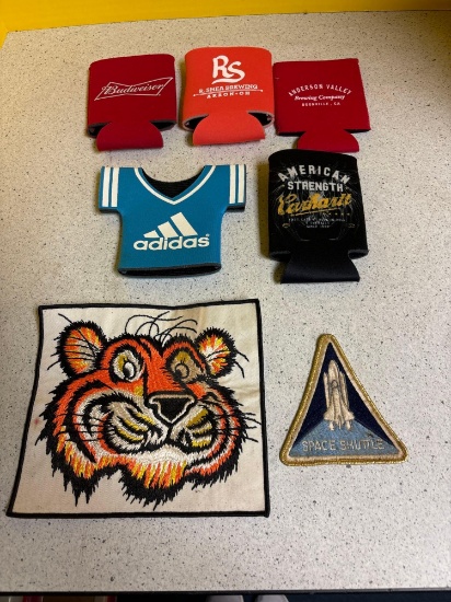 Beer koozies and two vintage patches, ESSO and Nasa