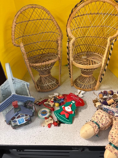 miniature peacock, chairs, Pin backs dolls