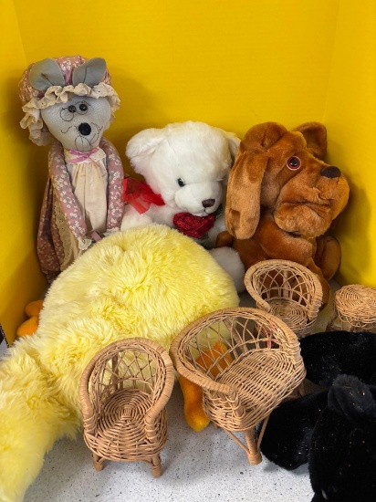 plush toys, wicker doll furniture