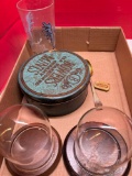 Glass domes, perfume, salt shaker, Roadrunner glass