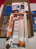 Solar charger, USB, phone, cables, paper, trimmer, paper, mate, pens