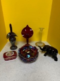 Fenton purple glass basket, Red jack in the pulpit vase, Carnival glass bowl