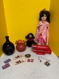 Two vintage dolls, Patches, Fenton and McKee glassware