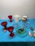 Ruby red glass, green glass, miniature dolls