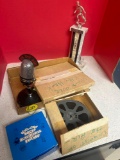 trophy, vintage reels, microphone, more