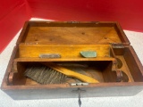 1940s handmade wooden box with drafting and drawing tools