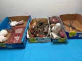 Bone handled utensils, metal pieces, bank bag, etc.