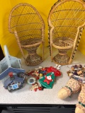miniature peacock, chairs, Pin backs dolls