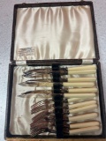 British dessert/fish six forks and six knives in wooden chest