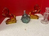 Orange red art glass horses, art glass insect catcher, and crystal glass vase