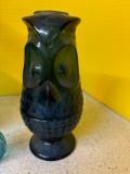 Blue glassware, including Viking glass, owl, fairy lamp