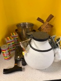 Brass bucket, windmill, lifesaver, candles, cane