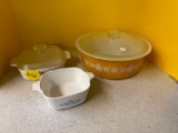 Pyrex butterfly gold Large bowl with lid, Two corning ware casseroles