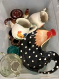 Glass pictures, crocks, chicken dishes misc