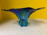 Blue art glass compote