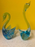 art glass swans seven and 9 inches tall