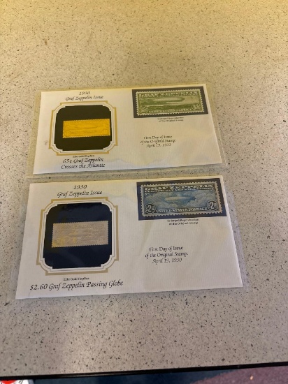 Pair Graf Zepplin 22 karat gold replicas stamps first day issues