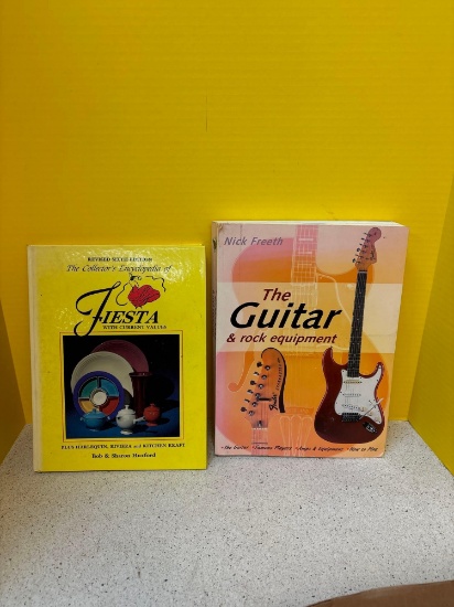 Collectors books, fiesta and guitar and rock equipment