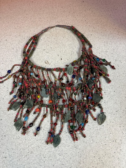 Monumental Wood, glass, stone bead necklace