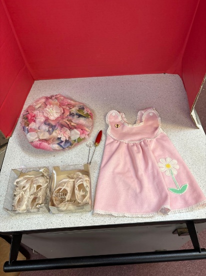 Vintage hat, two hat pins, Baby shoes, Childs dress