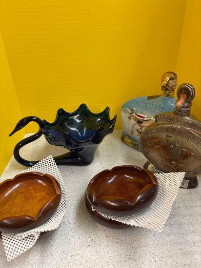 Art glass, swan Jim, bean bottles, wood serving bowls