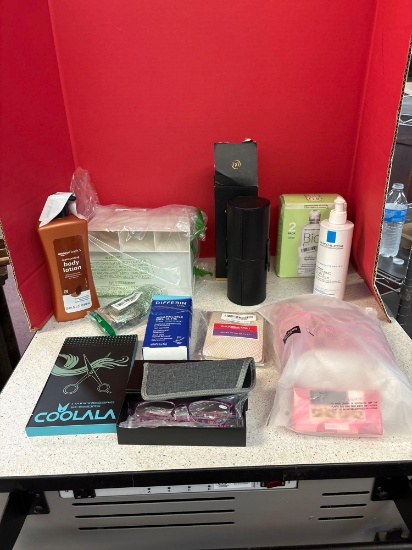 Toiletry items, Eyeglasses +1.50 strength, Pink wig