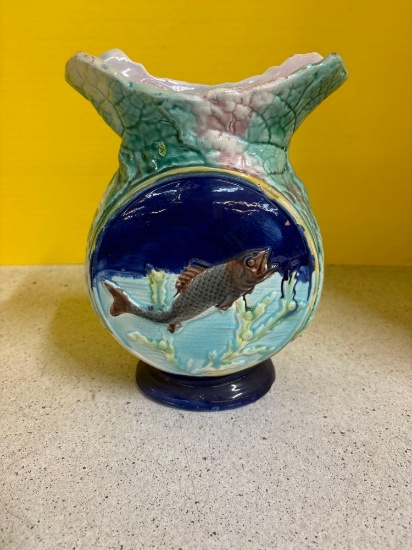 Antique cobalt majolica fish vase