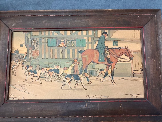 Old framed, print of equestrian and dogs signed