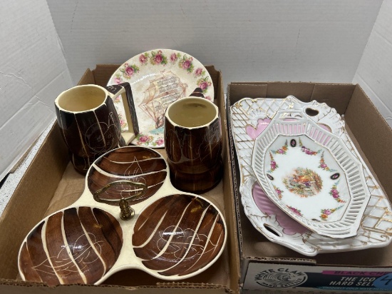 porcelain tray, pottery, mugs, and server 1911 calendar fate