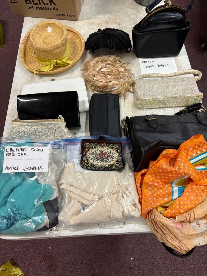 Vintage hats, purses, scarves, and two dresses