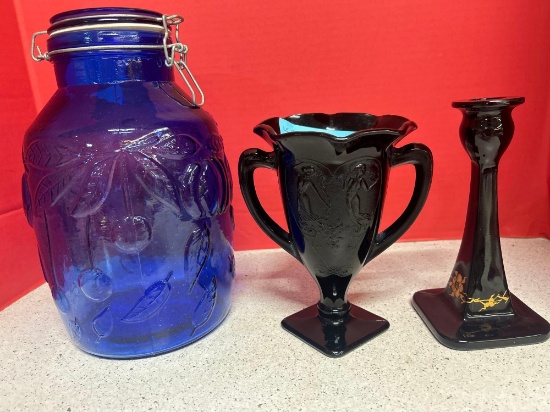 LE Smith, 10 x 6 black amethyst glass vase vintage 1930s dancing nymphs and cobalt glass hat and
