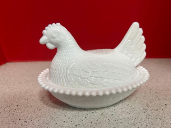 Indiana glass candy dish milk glass hen on nest