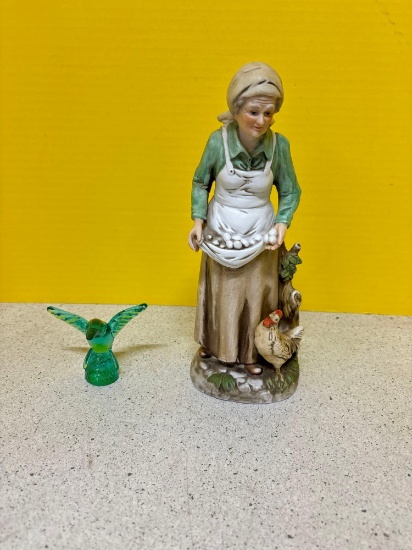 Murano glass hummingbird and Homco porcelain lady farmer
