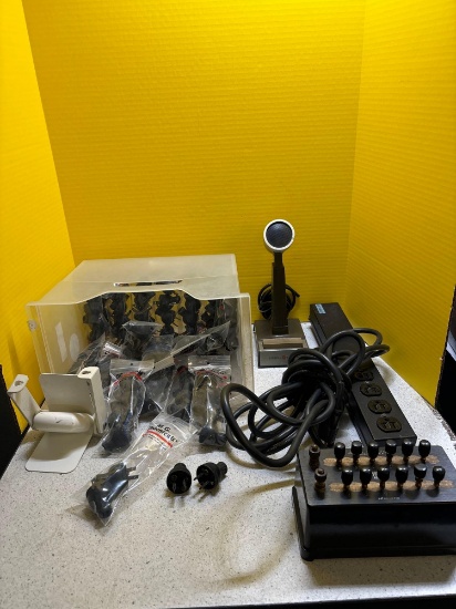 Resistance Box, vintage Microphone, electrical plugs, Power strip